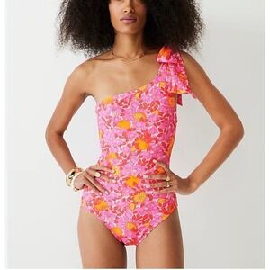 J.CREW Bow one-shoulder one-piece swimsuit in pink limone print Size 20 New